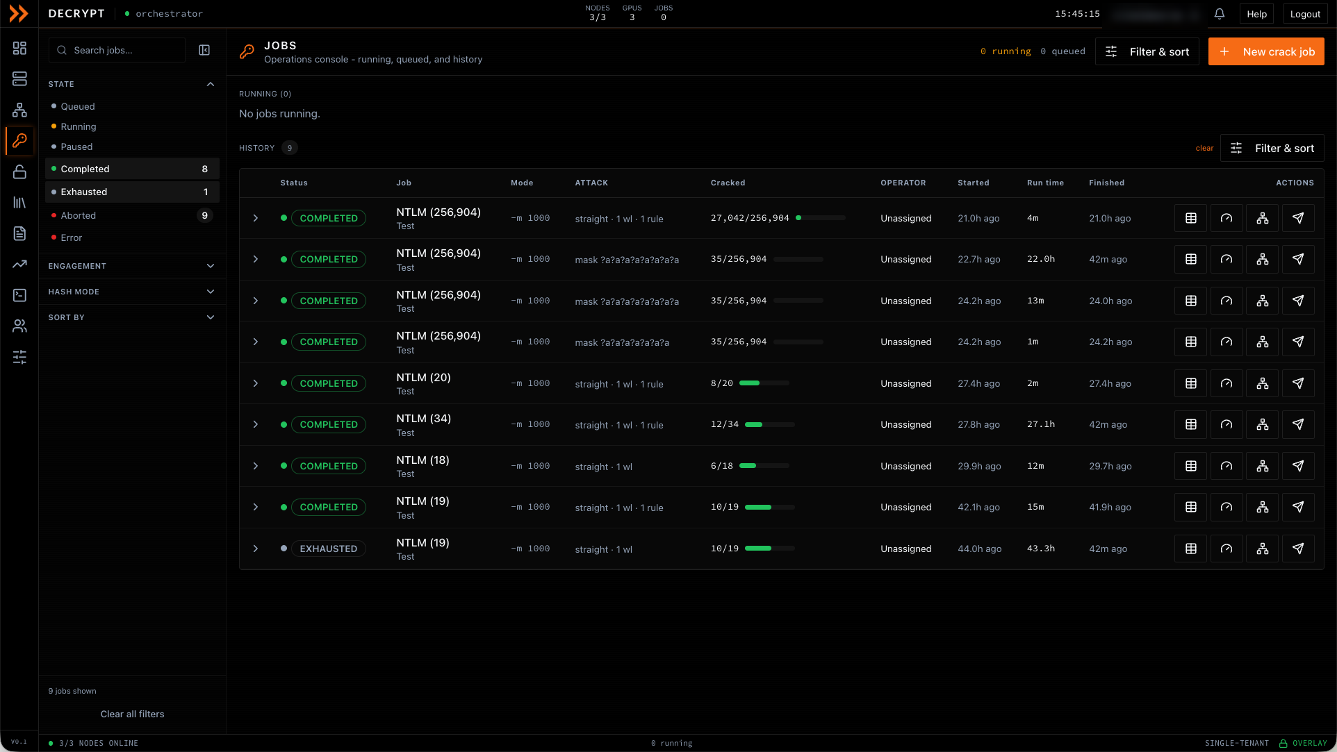 ARROW Decrypt Jobs console showing wordlist and mask crack jobs against NTLM with crack counts and run times