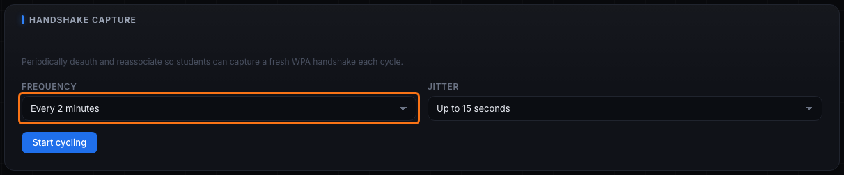 Handshake-capture control: deauthenticate and reassociate on a set frequency with jitter